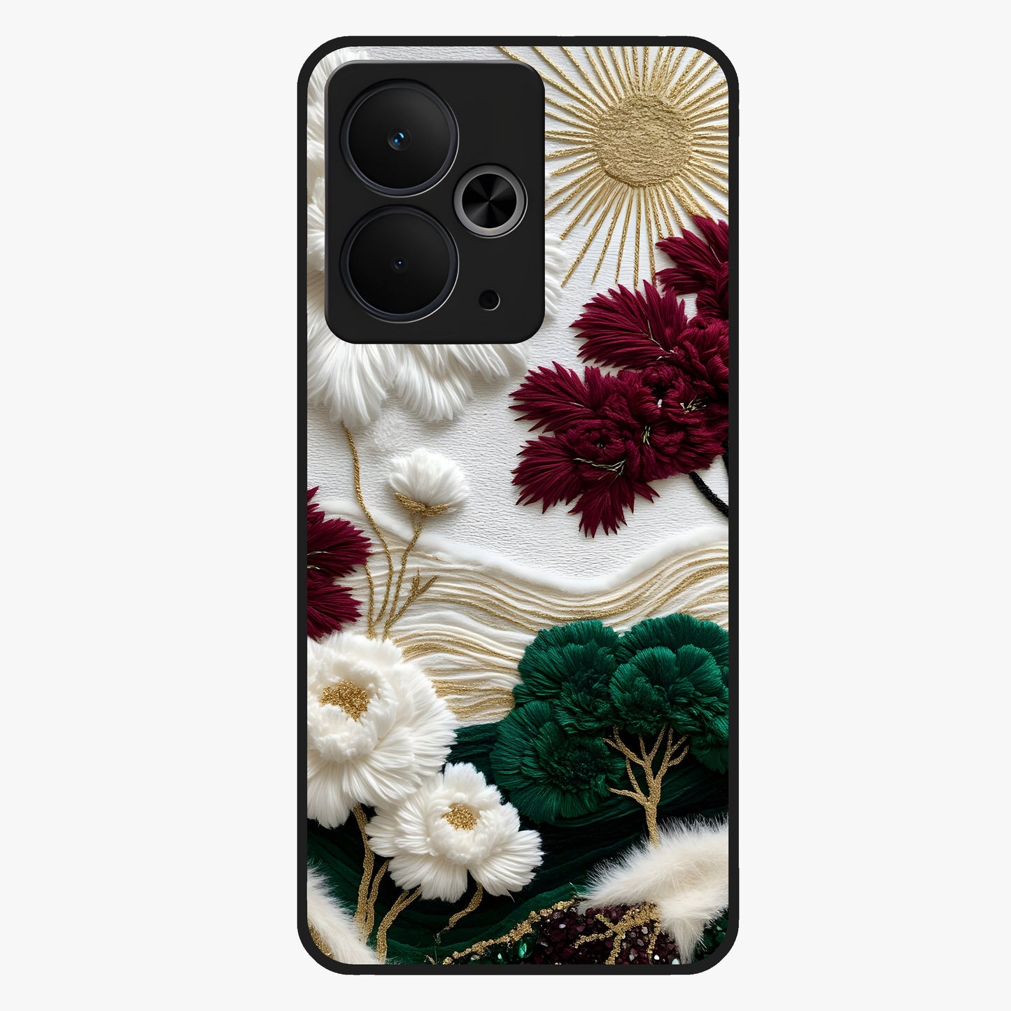 Radiant Bloom Elegance Glass Case showing flat back view with elegant blooming flower artwork and glossy glass finish.