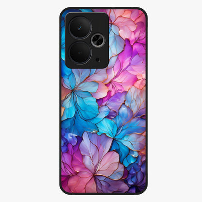 Radiant Floral Whirl Glass Case showing flat back view with swirling floral artwork and glossy glass finish.