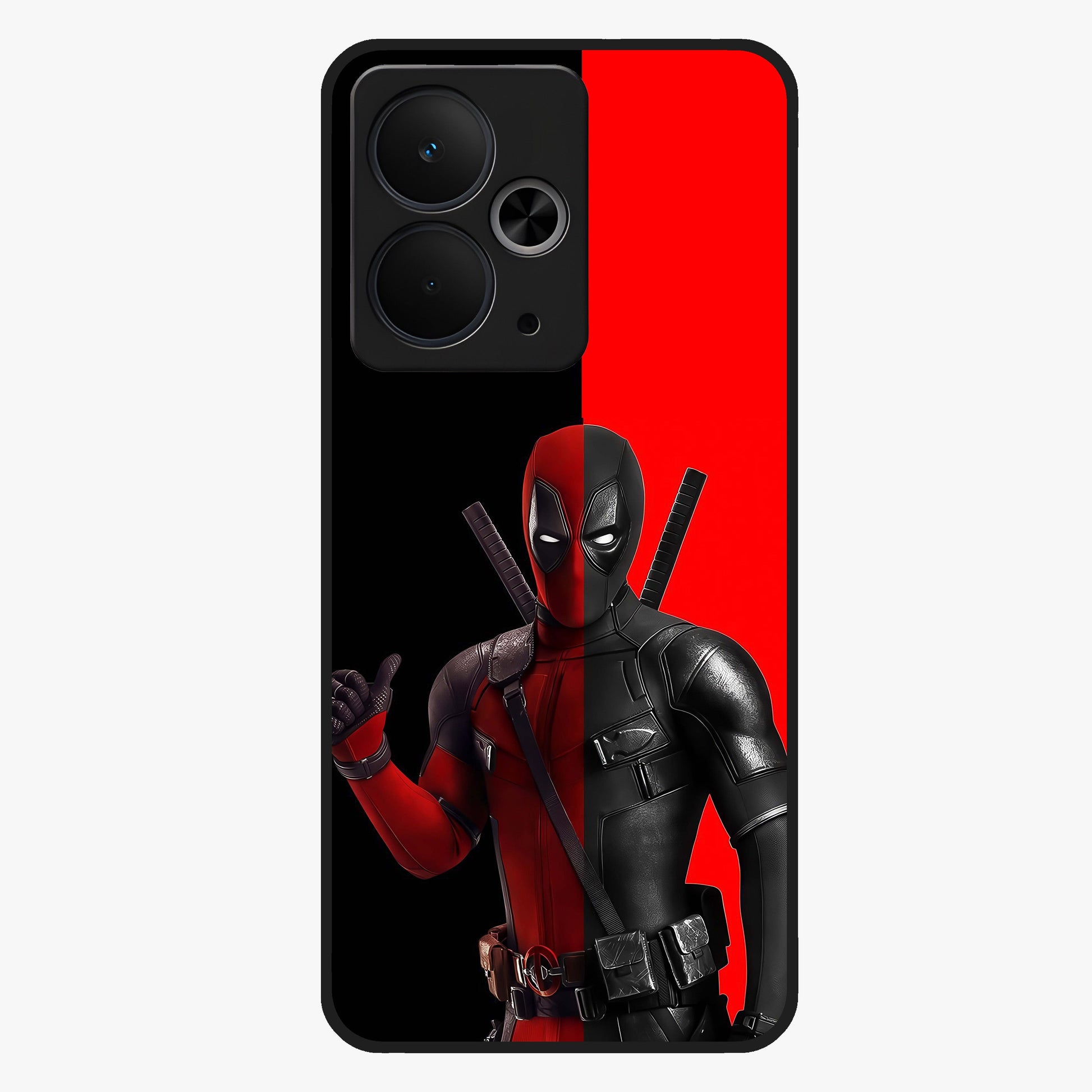 Red & Black Deadpool Theme Glass Case showing flat back view with bold comic inspired artwork and glossy glass finish.