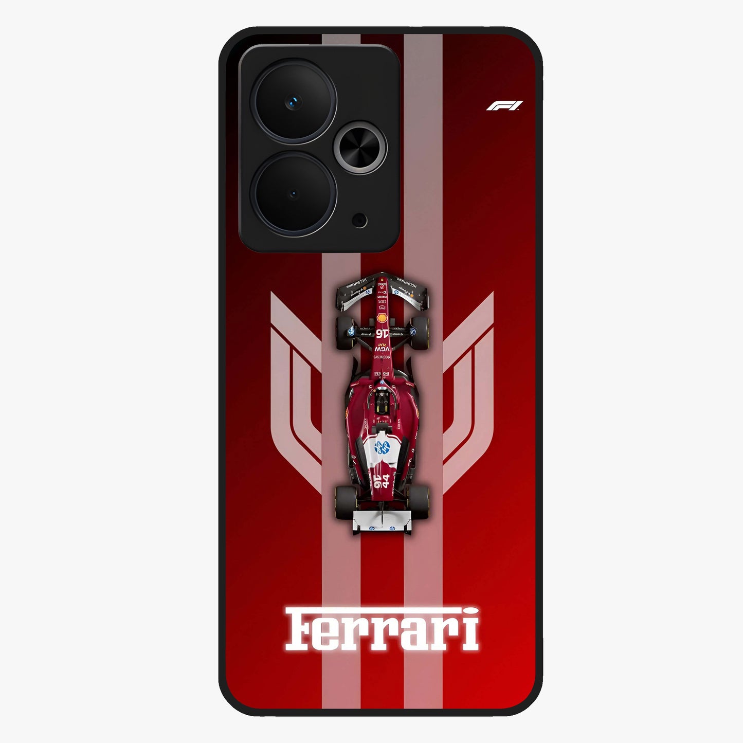 Red Ferrari F1 Vertical Glass Case showing flat back view with sleek Formula racing car artwork and glossy glass finish.