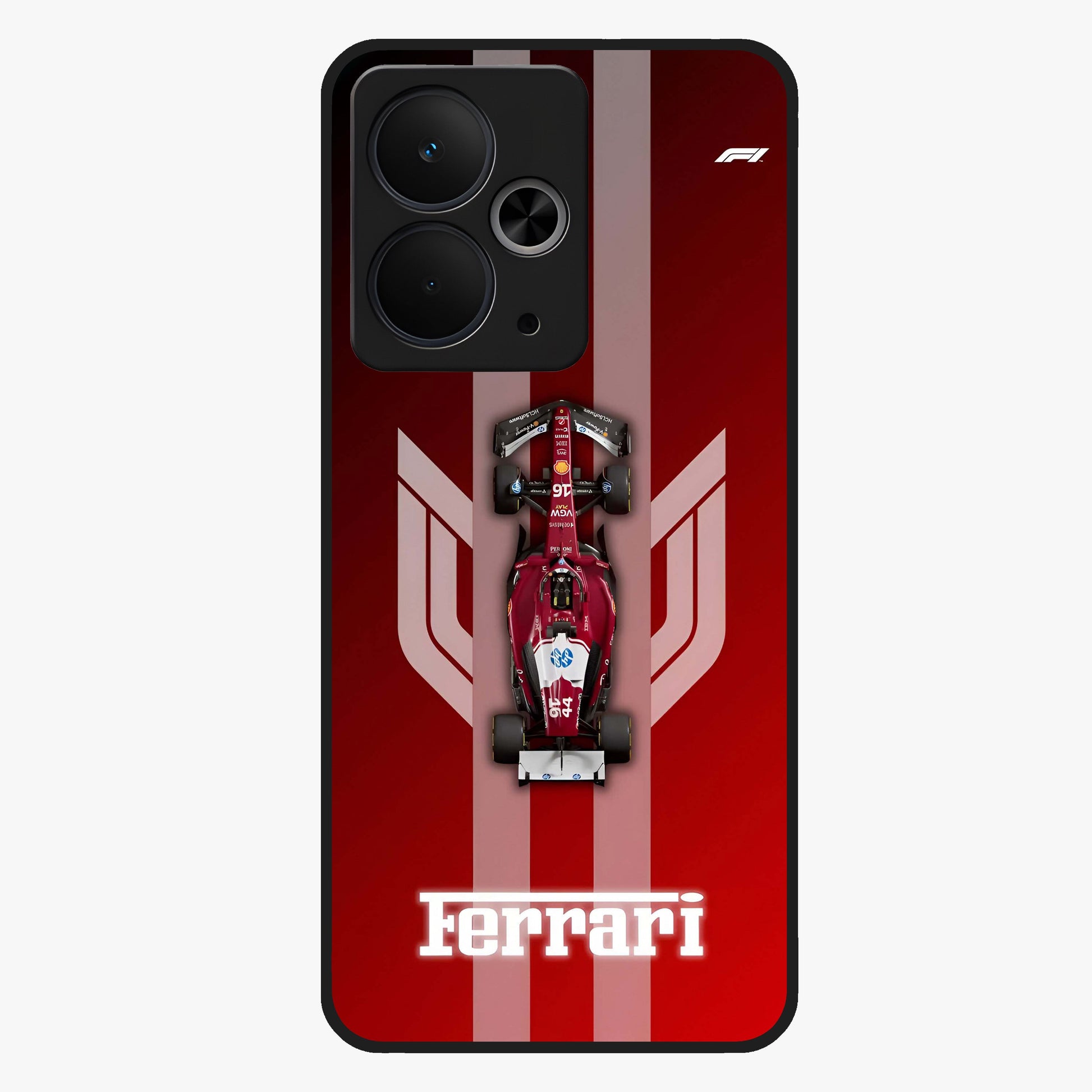 Red Ferrari F1 Vertical Glass Case showing flat back view with sleek Formula racing car artwork and glossy glass finish.