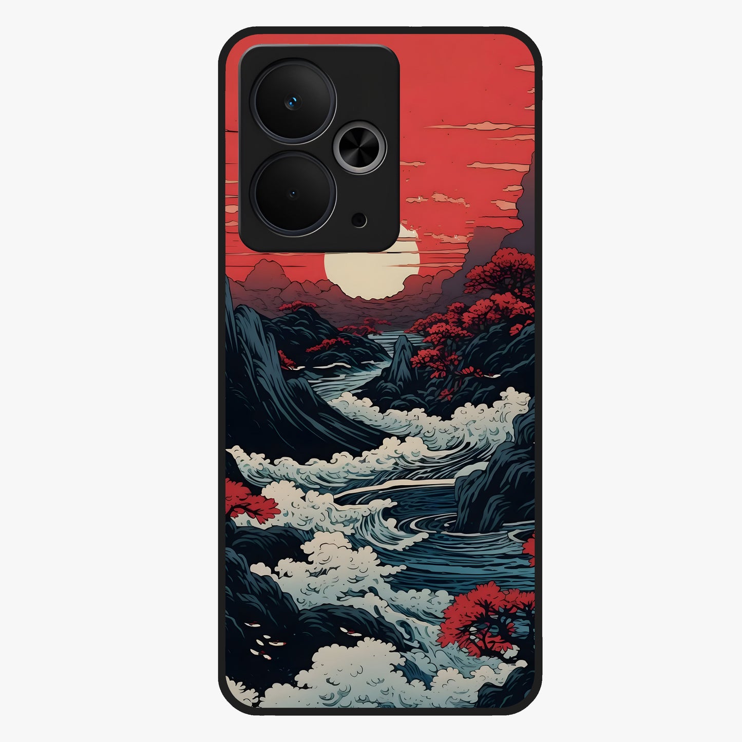 Red Sunset Scenery Glass Case showing flat back view with vibrant sunset landscape artwork and glossy glass finish.