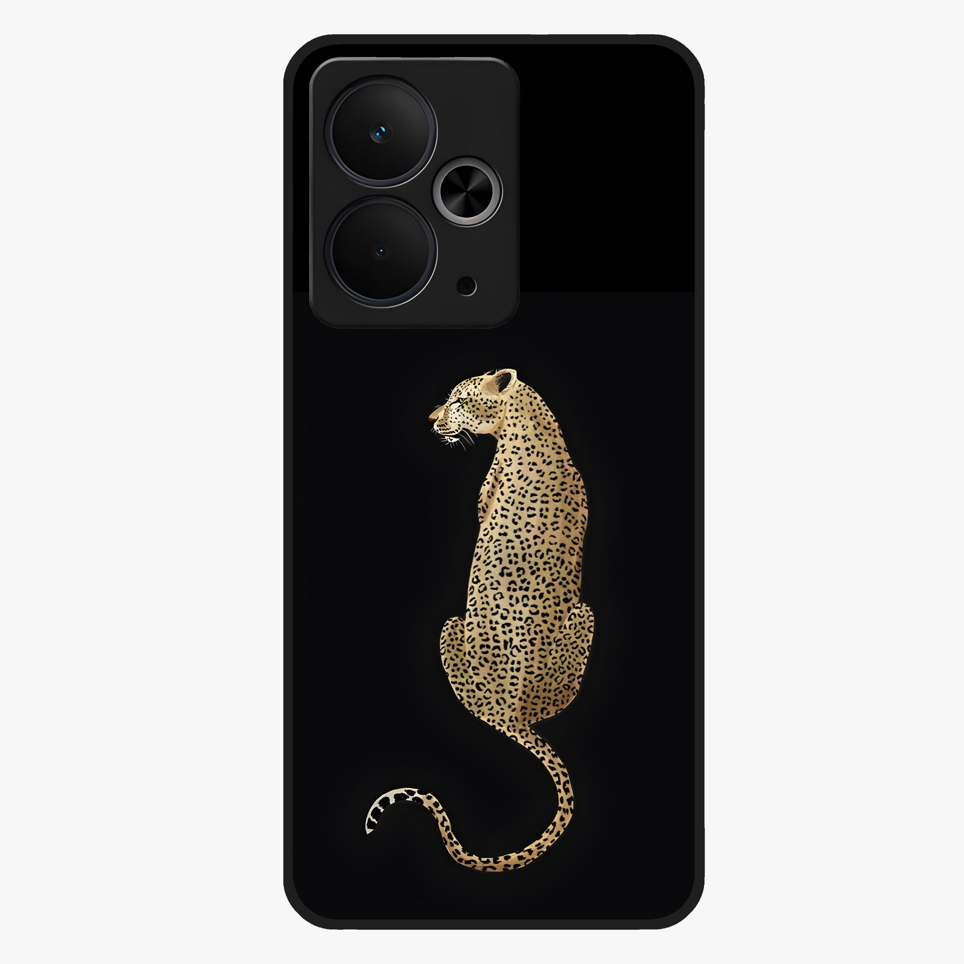 Regal Leopard Glass Case showing flat back view with bold leopard artwork and glossy glass finish.