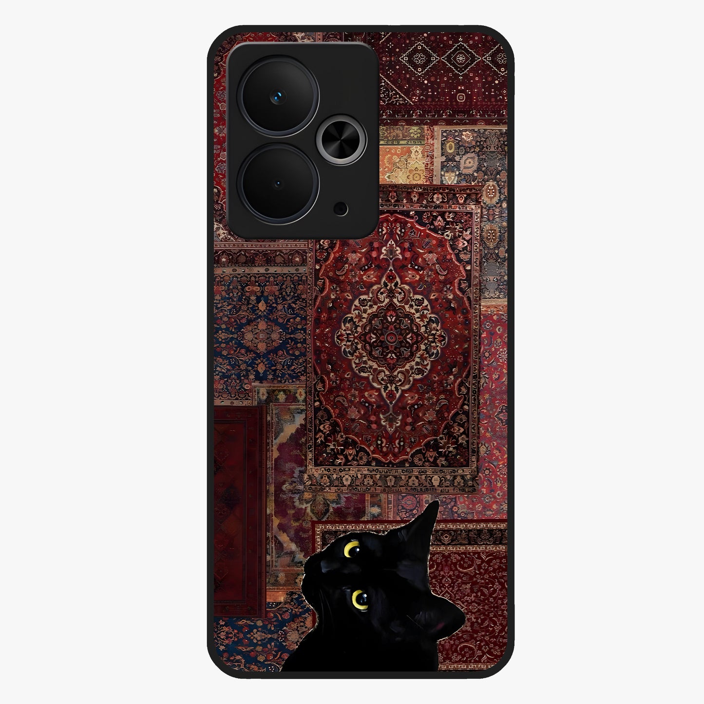 Regal Magic Cat Apple Glass Case showing flat back view with magical cat artwork holding apple and glossy glass finish.