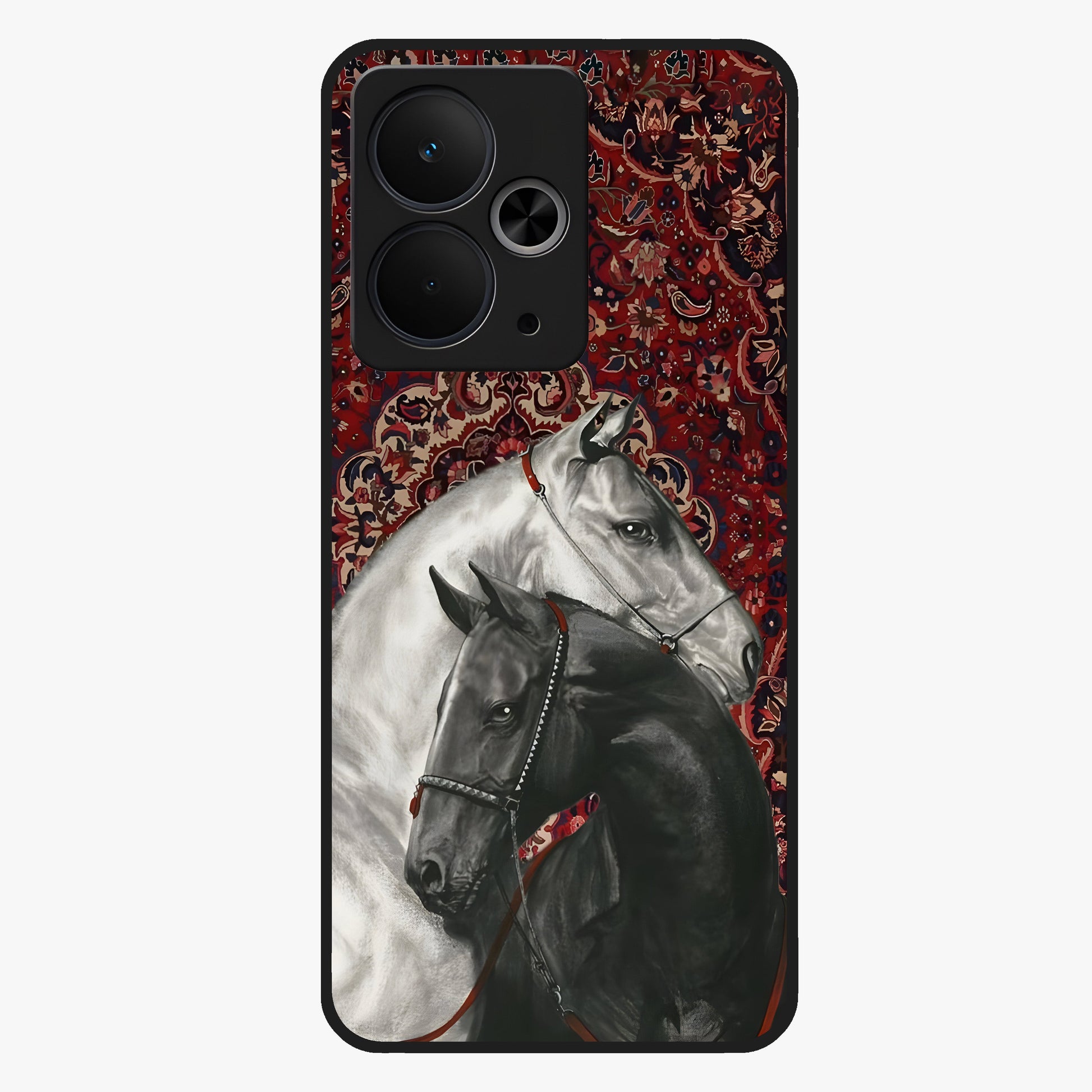 Regal Stallion Tapestry Glass Case showing flat back view with majestic horse tapestry artwork and glossy glass finish.