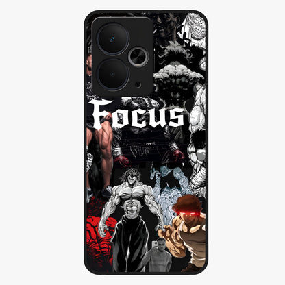 Relentless Power Focus Glass Case showing flat back view with motivational typography artwork and glossy glass finish.