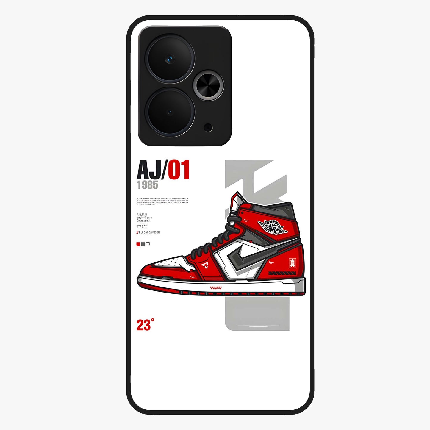 Retro Sneaker Blueprint Glass Case showing flat back view with sneaker blueprint style artwork and glossy glass finish.