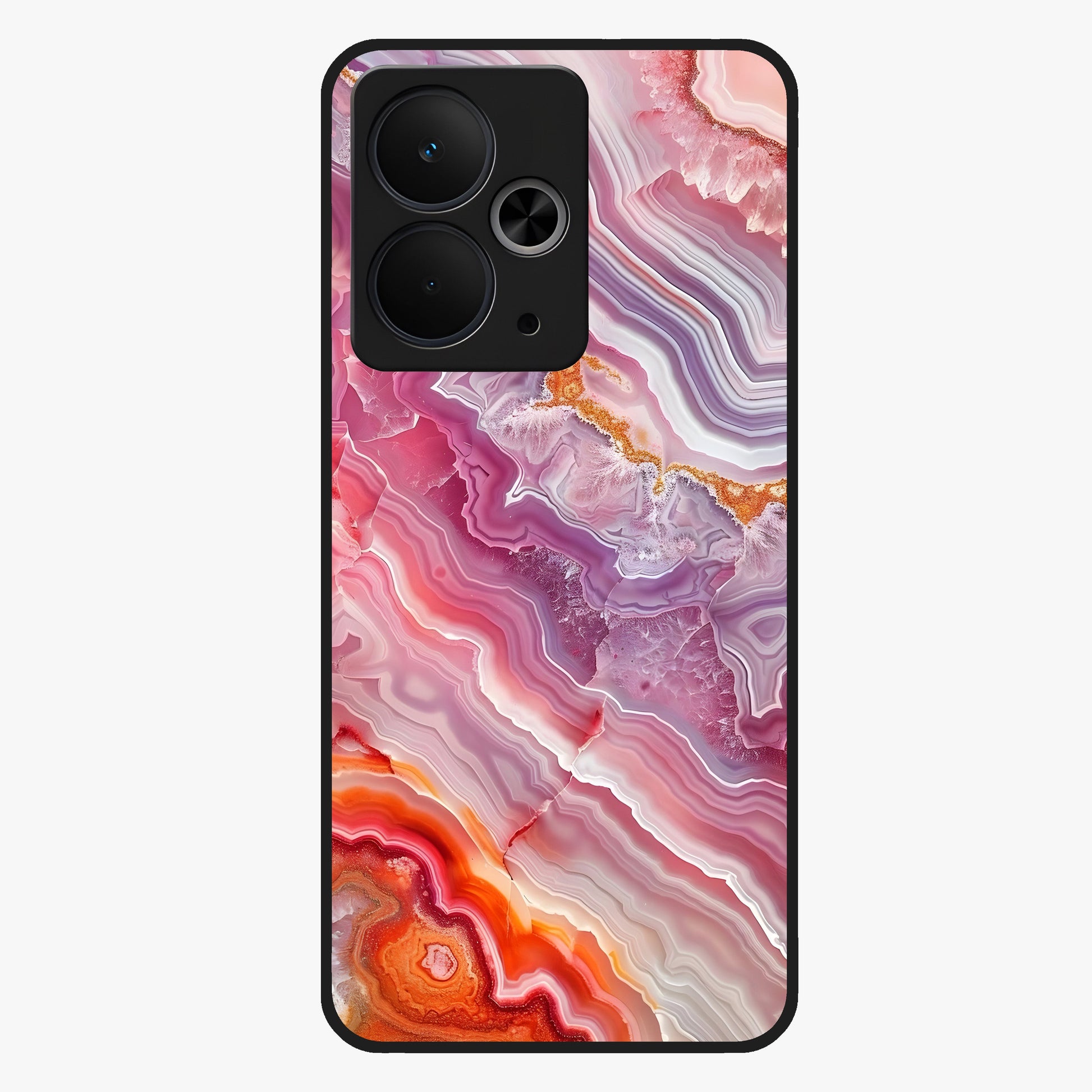 Rose Quartz Marble Glass Case showing flat back view with pink marble quartz texture artwork and glossy glass finish.