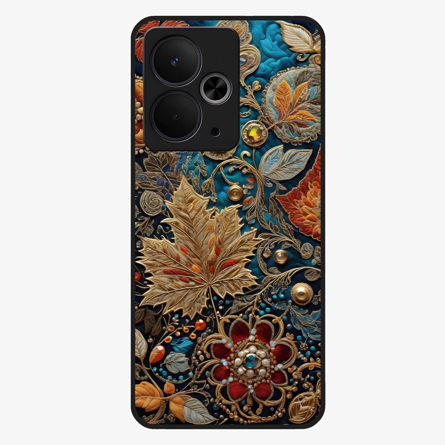 Royal Jewel Garden Glass Case showing flat back view with decorative floral garden artwork and glossy glass finish.