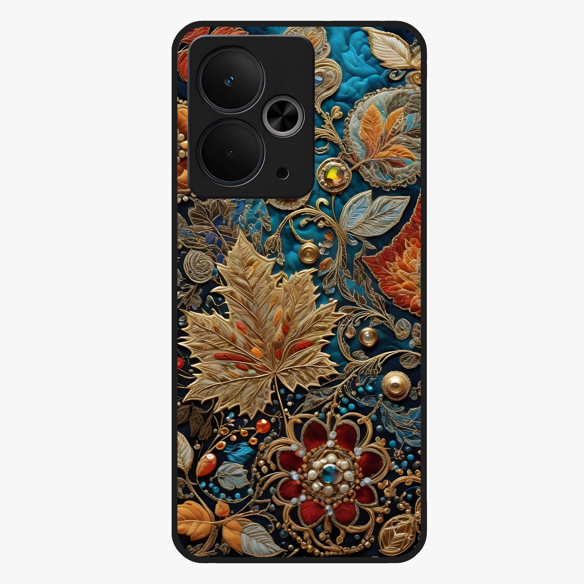 Royal Jewel Garden Glass Case showing flat back view with decorative floral garden artwork and glossy glass finish.