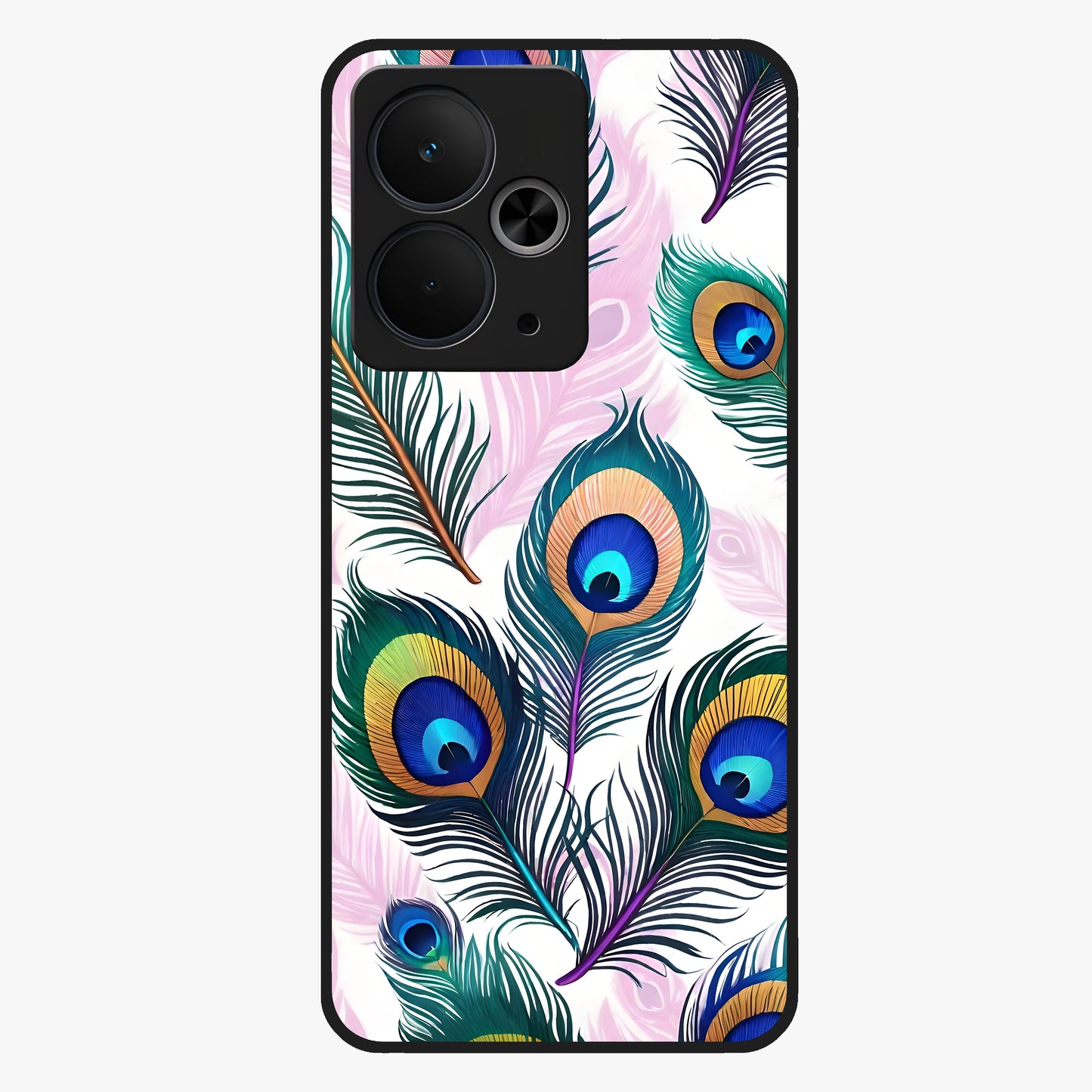 Royal Peacock Feathers Glass Case showing flat back view with colorful peacock feather artwork and glossy glass finish.