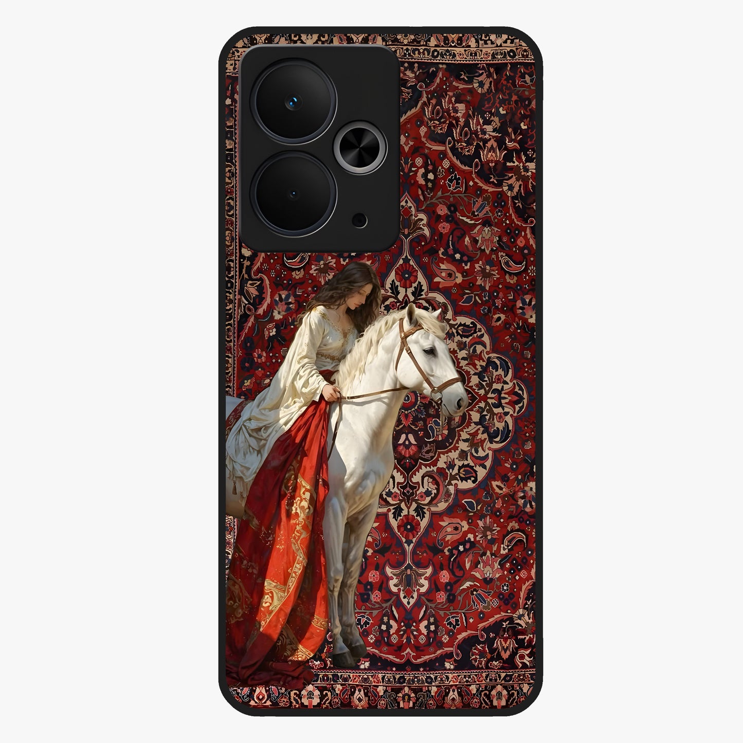 Royal Rider Tapestry Glass Case showing flat back view with majestic horse rider tapestry artwork and glossy glass finish.