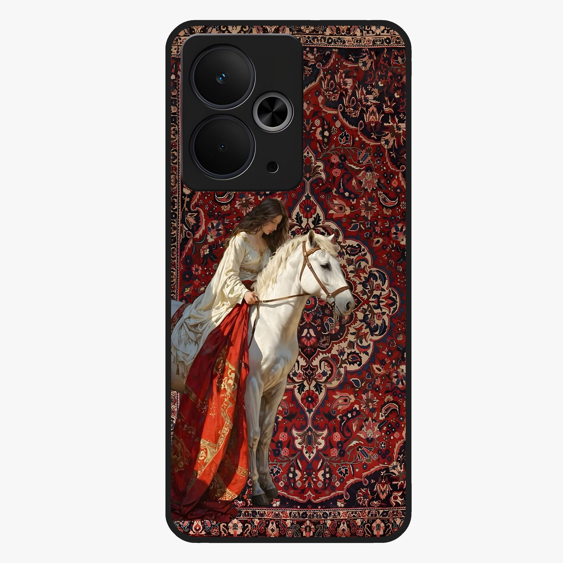 Royal Rider Tapestry Glass Case showing flat back view with majestic horse rider tapestry artwork and glossy glass finish.