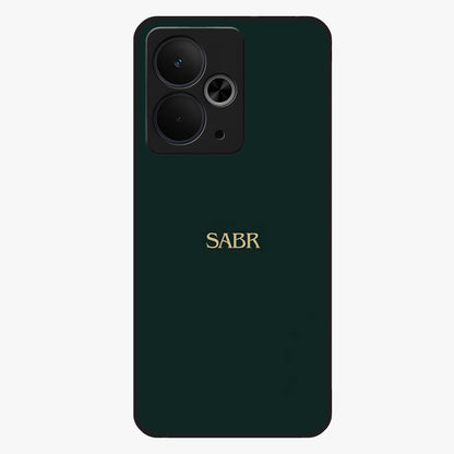 Sabr Minimal Patience Glass Case showing flat back view with minimalist typography artwork and glossy glass finish.
