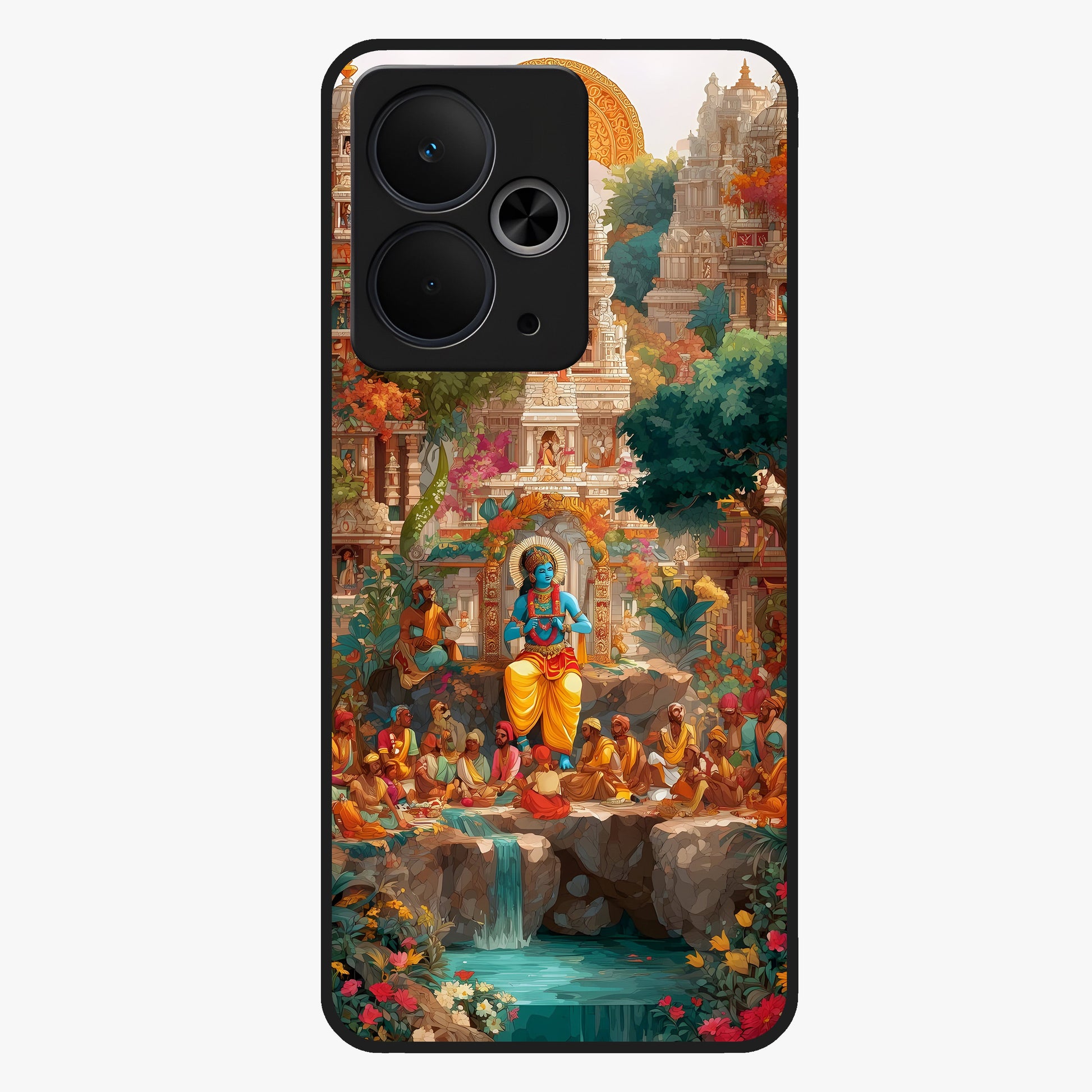 Sacred Sunlight Gods Glass Case showing flat back view with divine sunlight themed artwork and glossy glass finish.