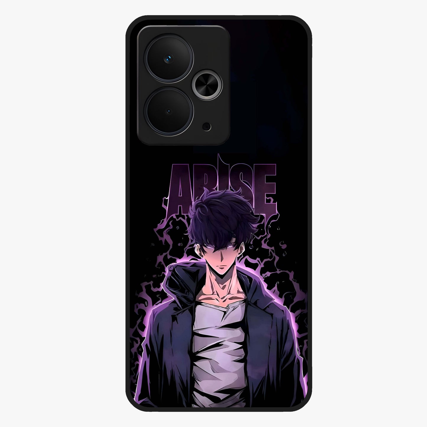 Shadow Monarch Awakening Glass Case showing flat back view with powerful dark monarch themed artwork and glossy glass finish.
