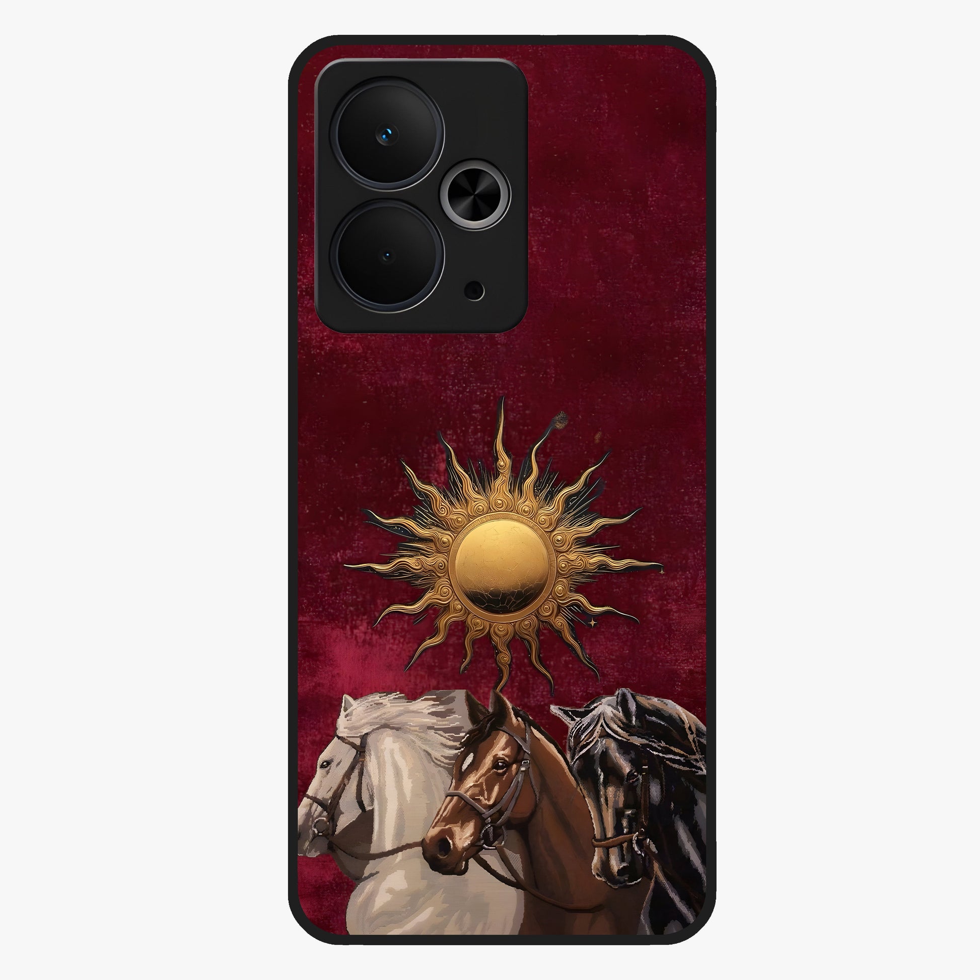 Solar Riders Glass Case showing flat back view with dynamic rider themed artwork and glossy glass finish.
