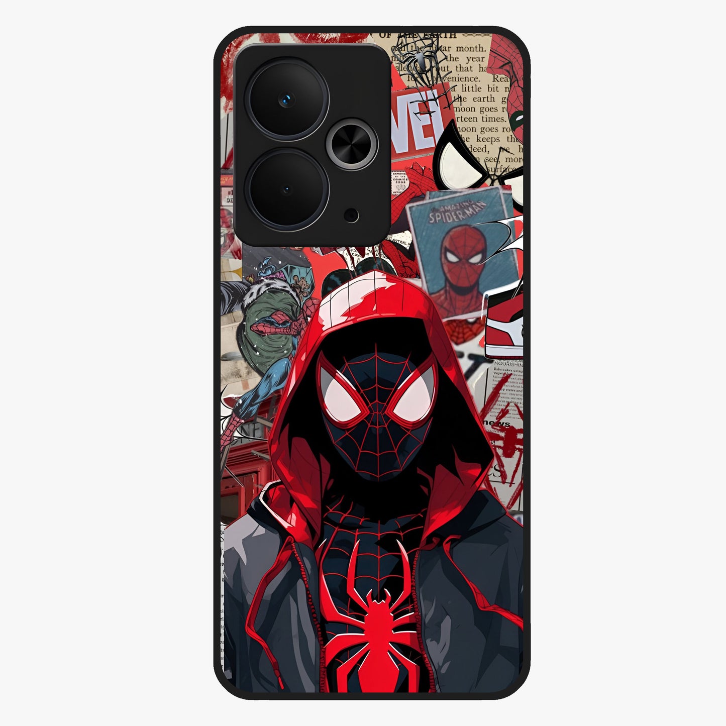 Spider Collage Street Glass Case showing flat back view with vibrant superhero collage artwork and glossy glass finish.