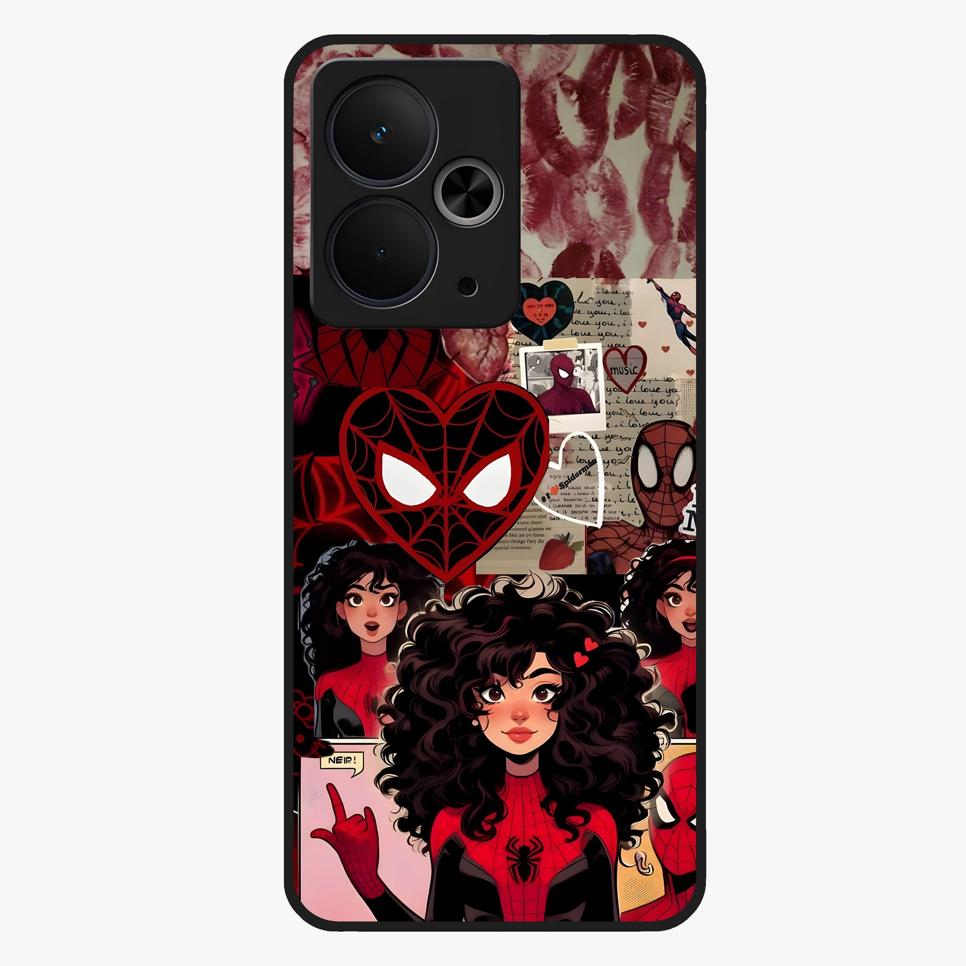 Spider Love Story Glass Case showing flat back view with romantic superhero themed artwork and glossy glass finish.