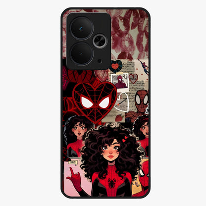 Spider Love Story Glass Case showing flat back view with romantic superhero themed artwork and glossy glass finish.