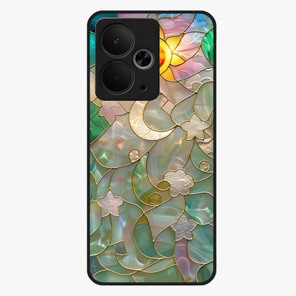 Stained Sunrise Glow Glass Case showing flat back view with glowing sunrise stained pattern artwork and glossy glass finish.