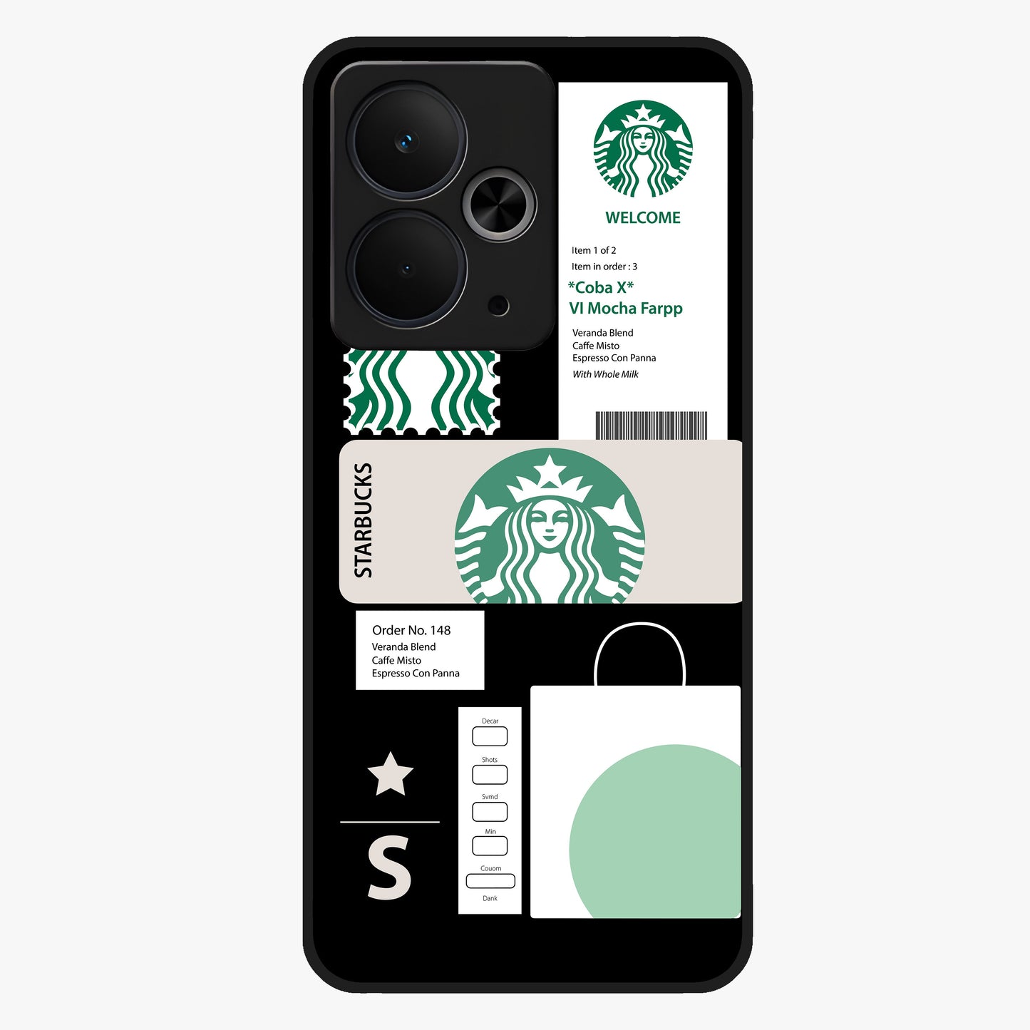 Starbucks Mocha Glass Case showing flat back view with coffee inspired artwork and glossy glass finish.