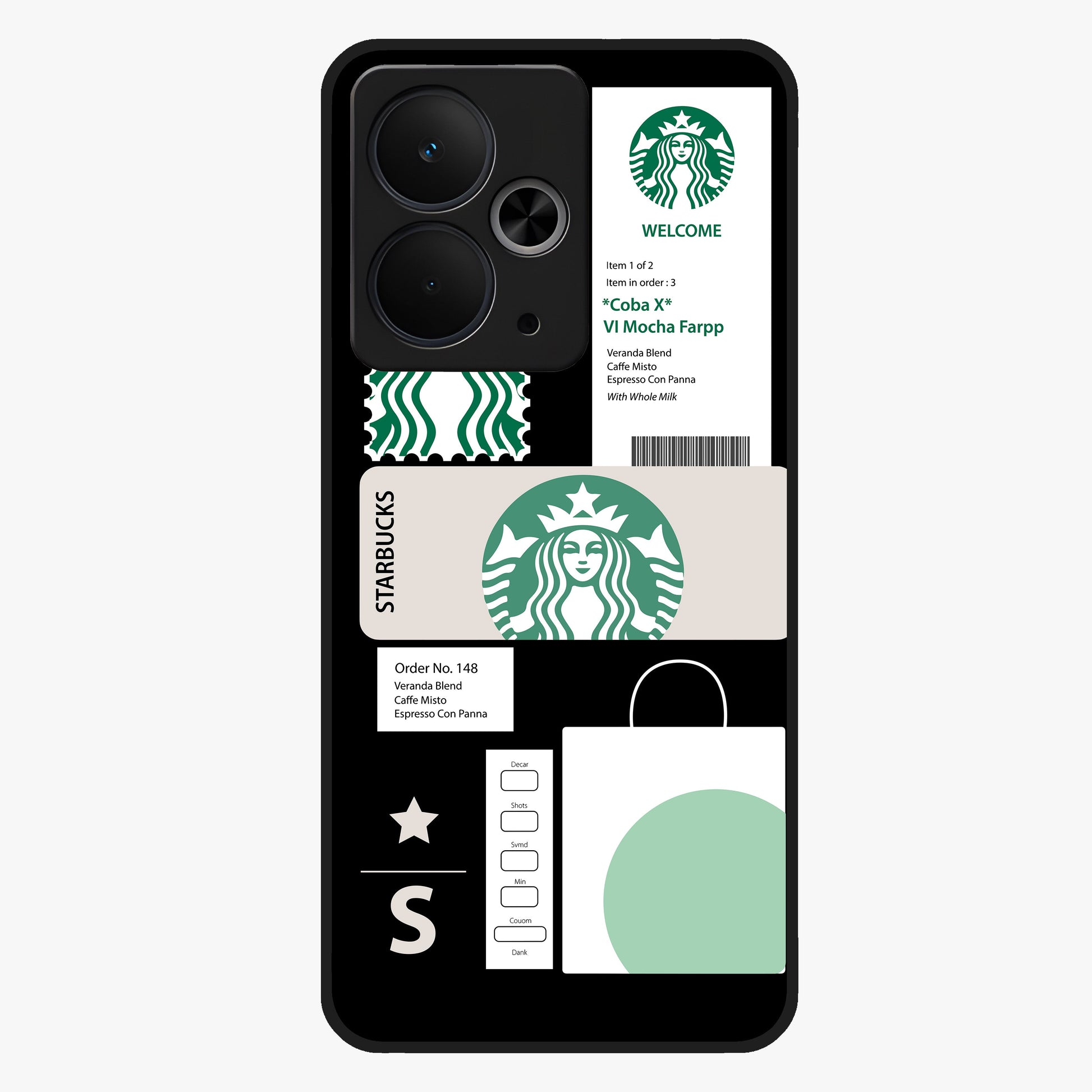 Starbucks Mocha Glass Case showing flat back view with coffee inspired artwork and glossy glass finish.