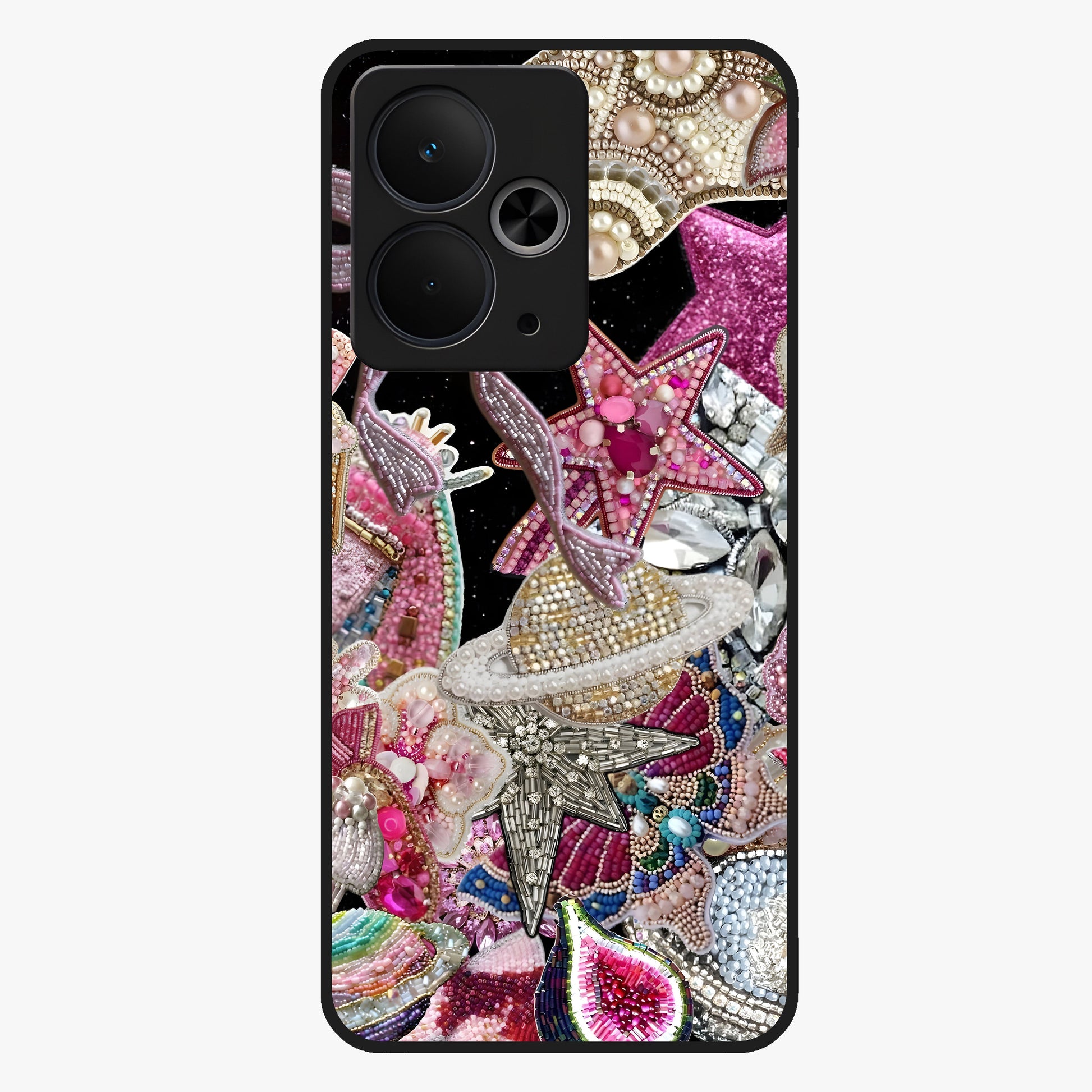 Starlit Jewel Dream Glass Case showing flat back view with sparkling jewel and star themed artwork and glossy glass finish.