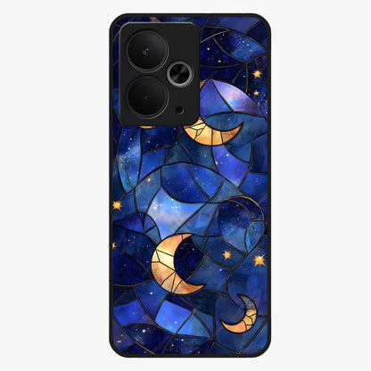 Starlit Sky Tapestry Glass Case showing flat back view with decorative starry sky tapestry artwork and glossy glass finish.