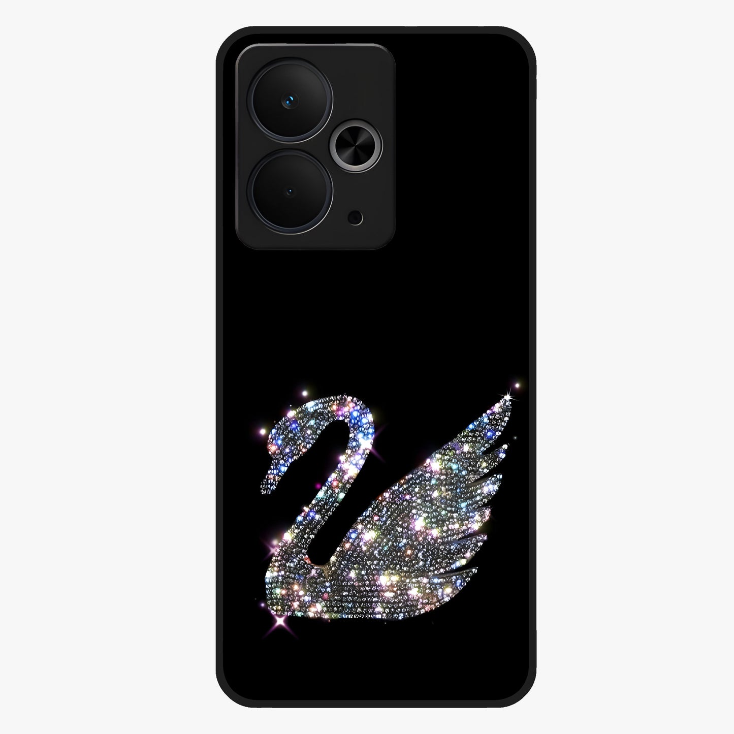 Starlit Swan Grace Glass Case showing flat back view with graceful swan artwork under starry sky and glossy glass finish.