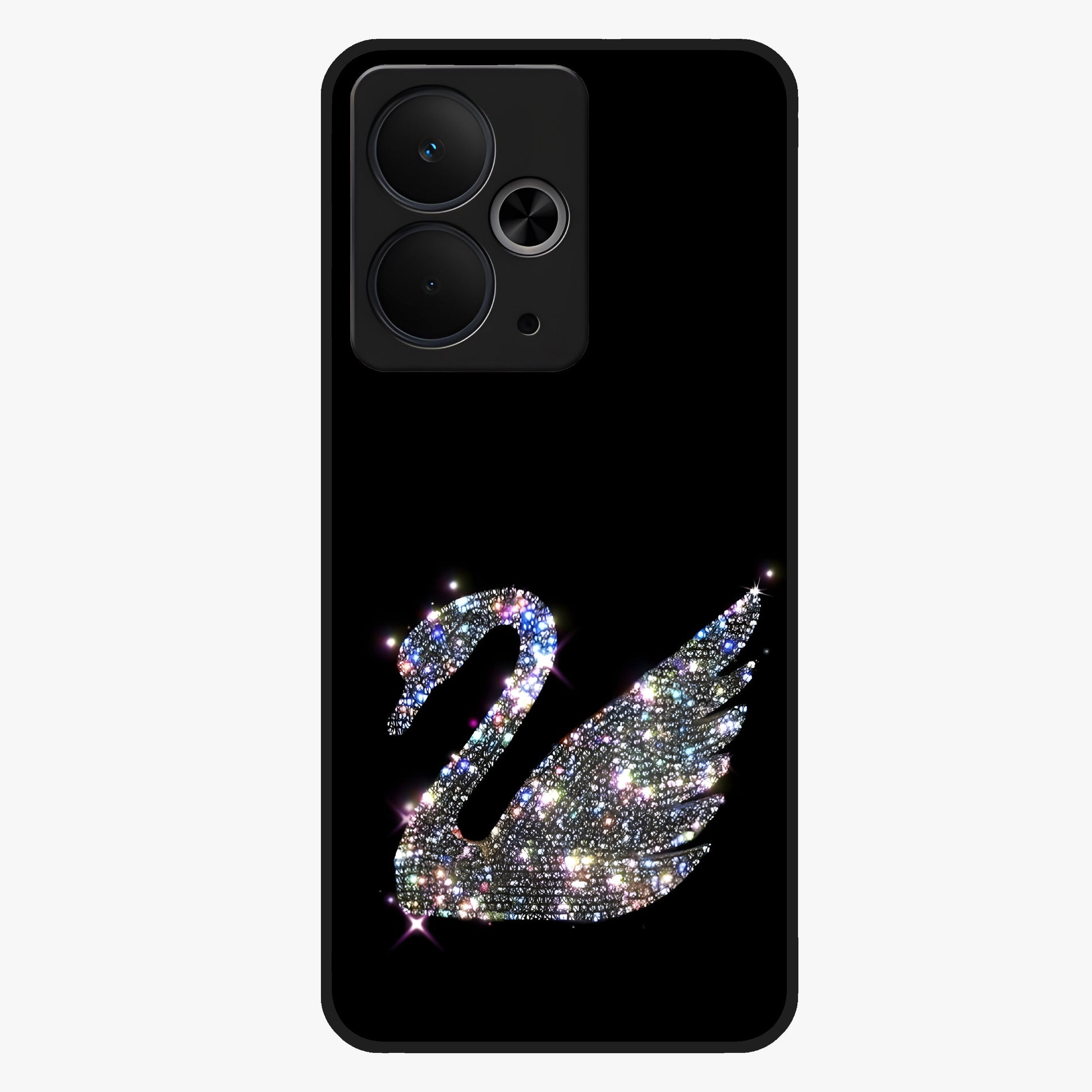 Starlit Swan Grace Glass Case showing flat back view with graceful swan artwork under starry sky and glossy glass finish.