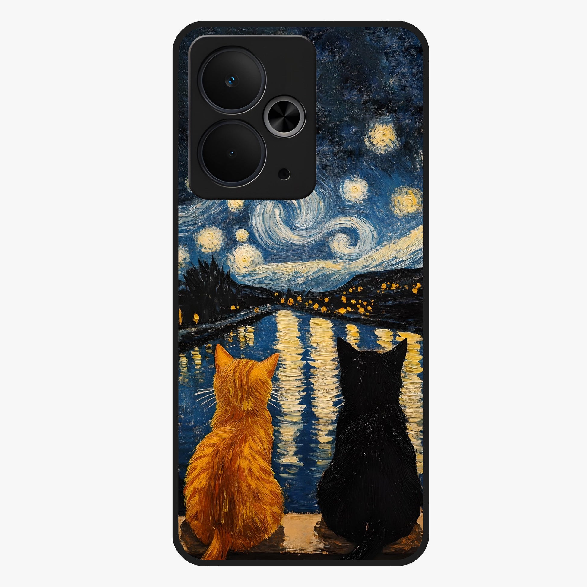 Starry River Cats Glass Case showing flat back view with cats by a starry river artwork and glossy glass finish.