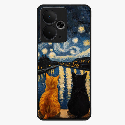 Starry River Cats Glass Case showing flat back view with cats by a starry river artwork and glossy glass finish.