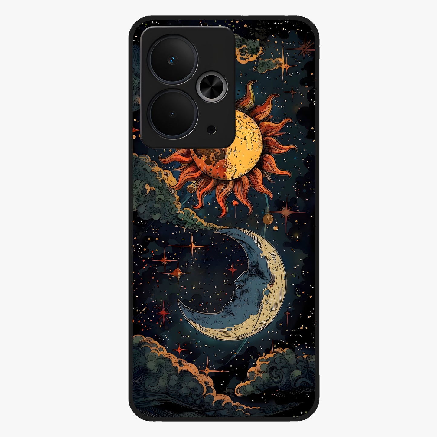 Sun And Moon Magic Design Glass Case showing flat back view with mystical sun and moon artwork and glossy glass finish.