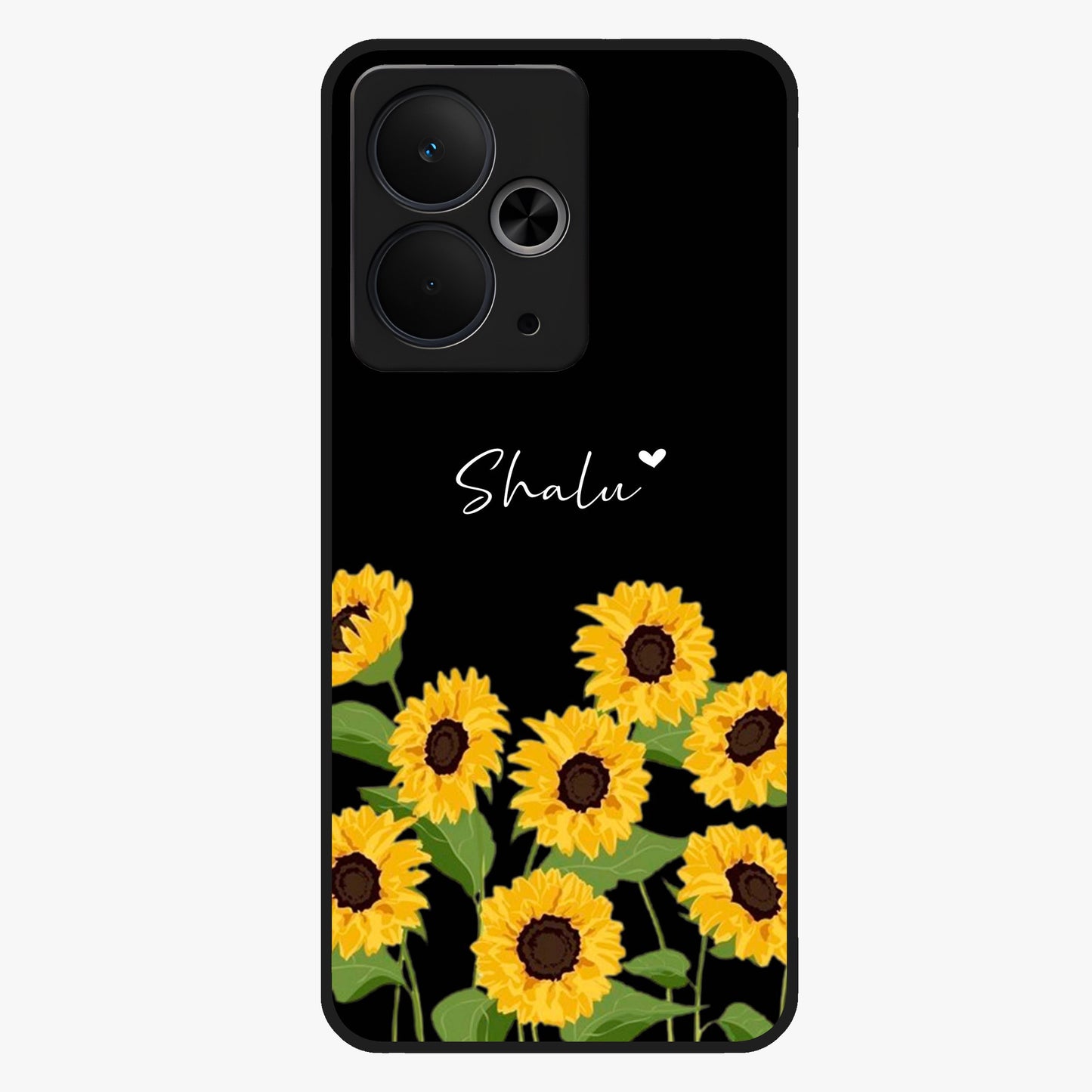 Sunflower Chic Mood Custom Name Glass Case showing flat back view with stylish sunflower artwork and personalized name design.