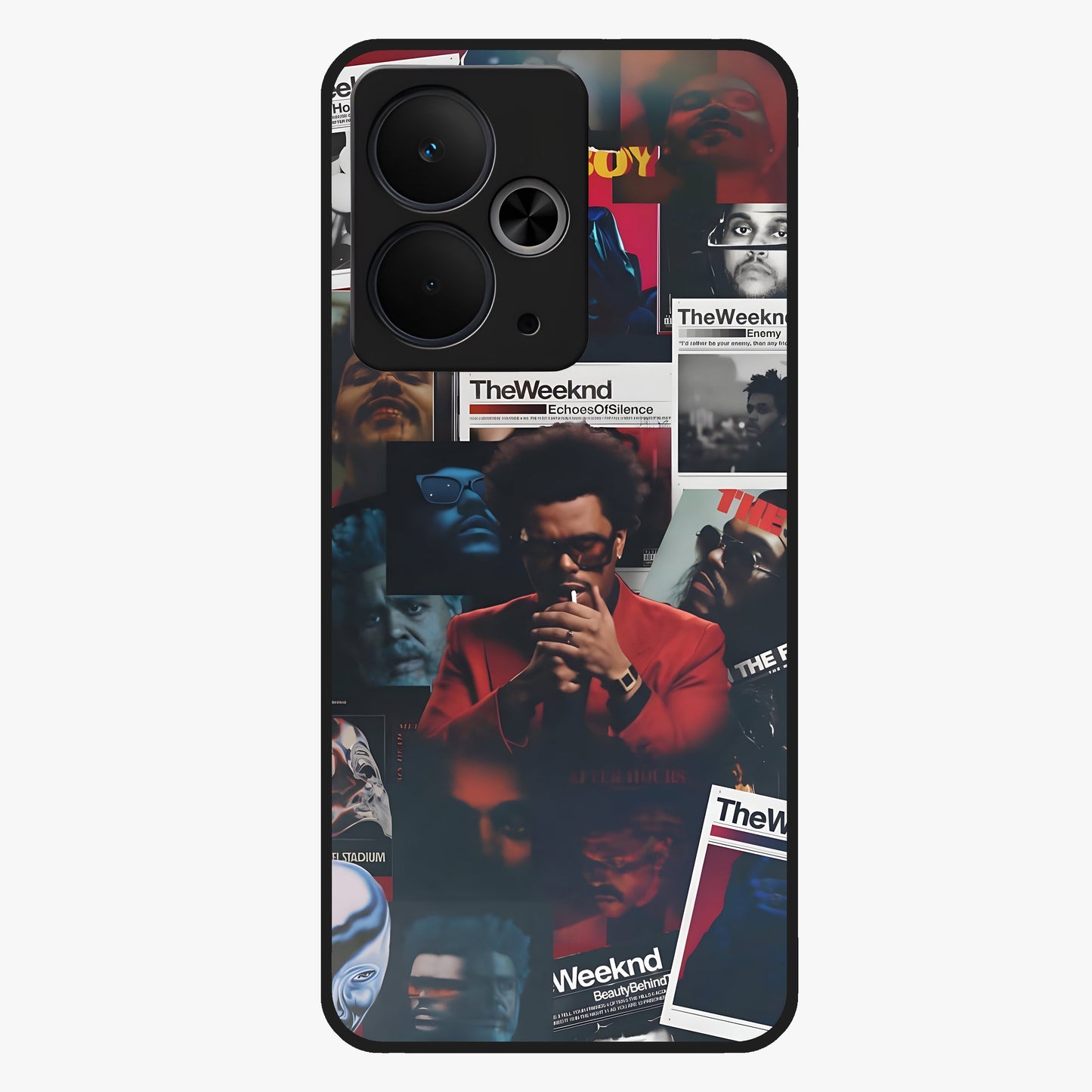 The Weeknd Glass Case showing flat back view with music inspired artistic portrait artwork and glossy glass finish.