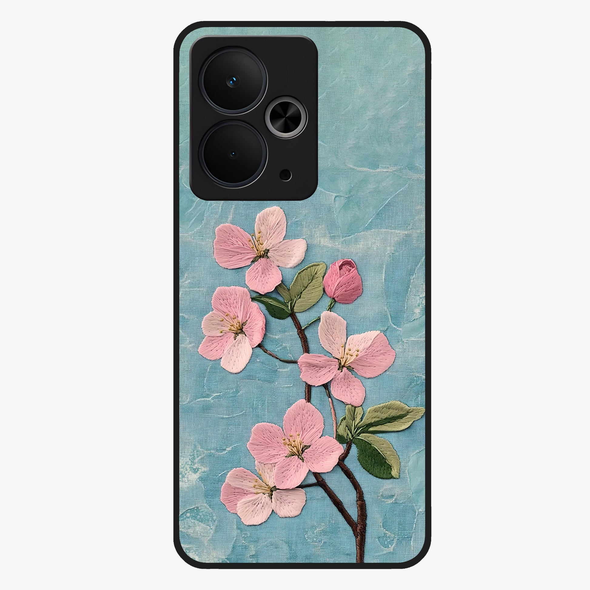 Threaded Blossom Breeze Glass Case showing flat back view with delicate blossom artwork and glossy glass finish.