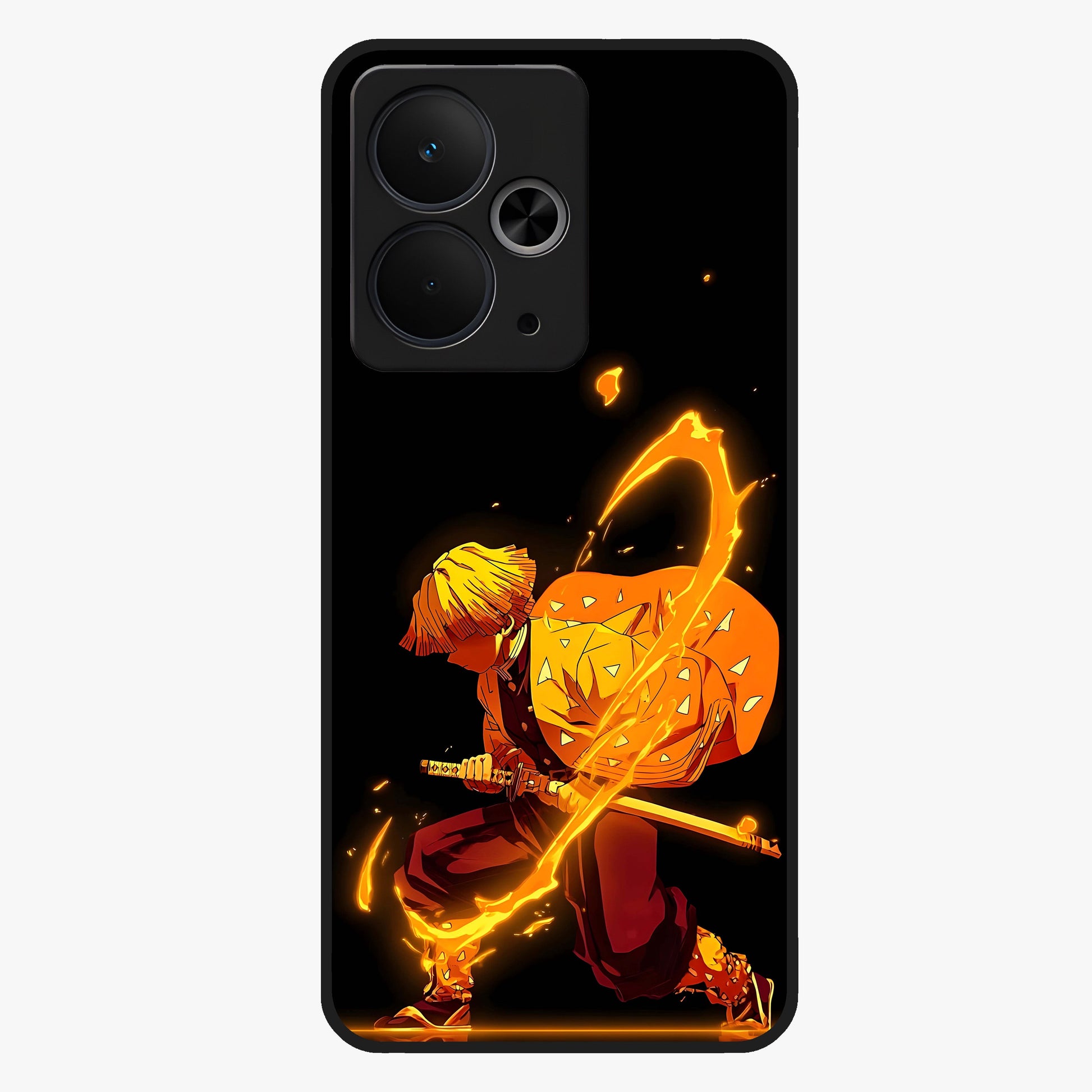 Thunder Flame Execution Glass Case showing flat back view with powerful flame and lightning artwork and glossy glass finish.