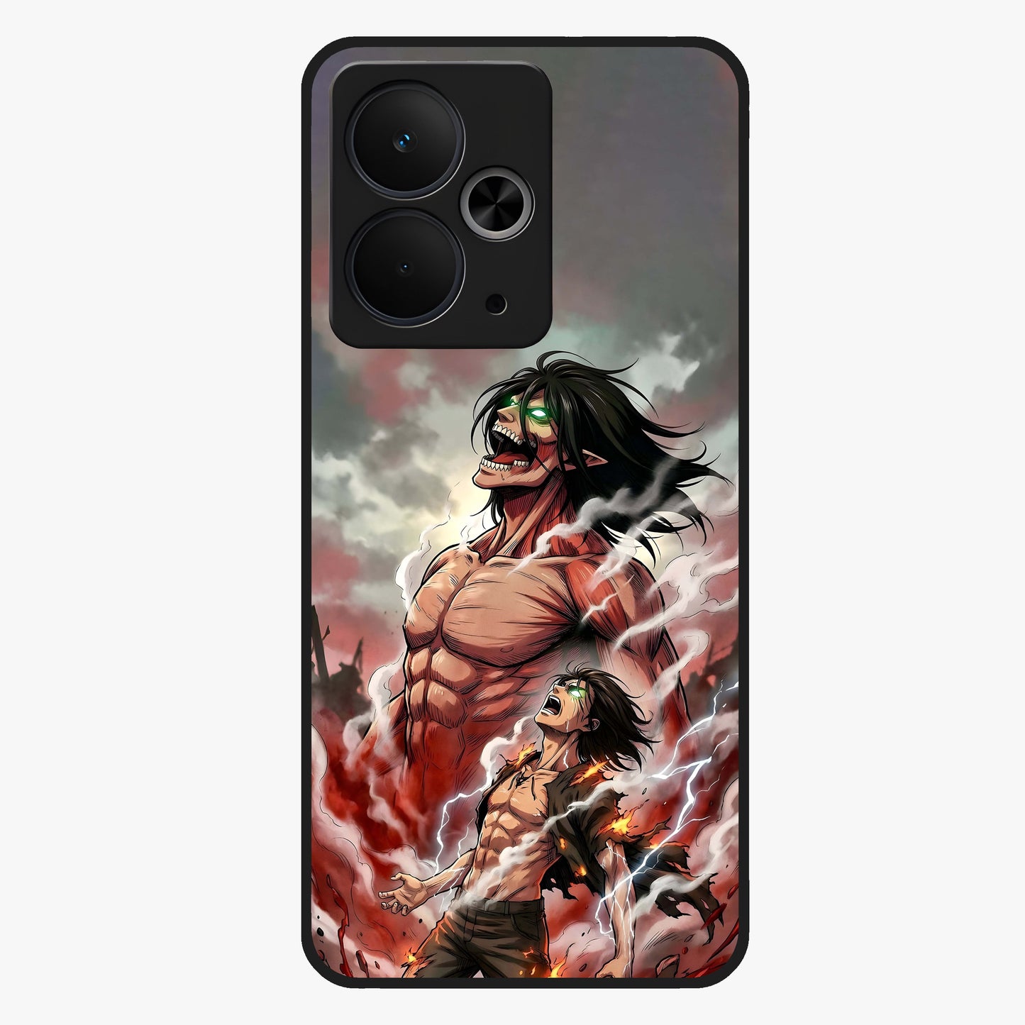 Titan Awakening Fury Glass Case showing flat back view with powerful titan inspired artwork and glossy glass finish.