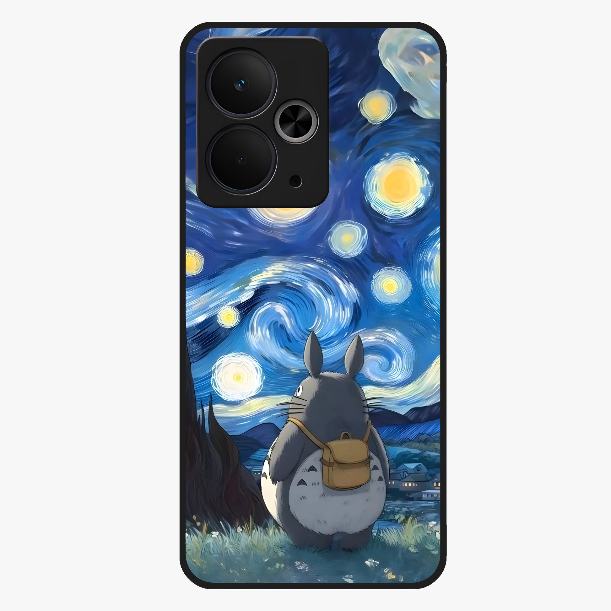 Totoro In Van Gogh Art Glass Case showing flat back view with whimsical character artwork inspired by Van Gogh style and glossy glass finish.
