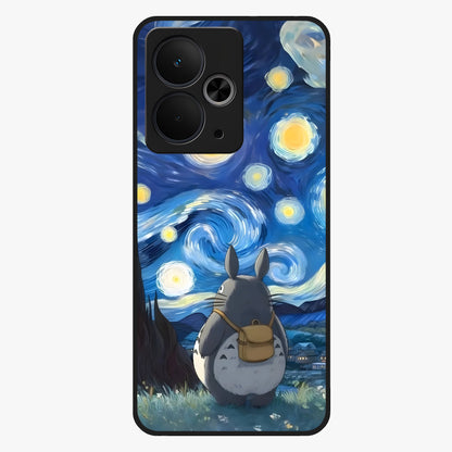 Totoro In Van Gogh Art Glass Case showing flat back view with whimsical character artwork inspired by Van Gogh style and glossy glass finish.