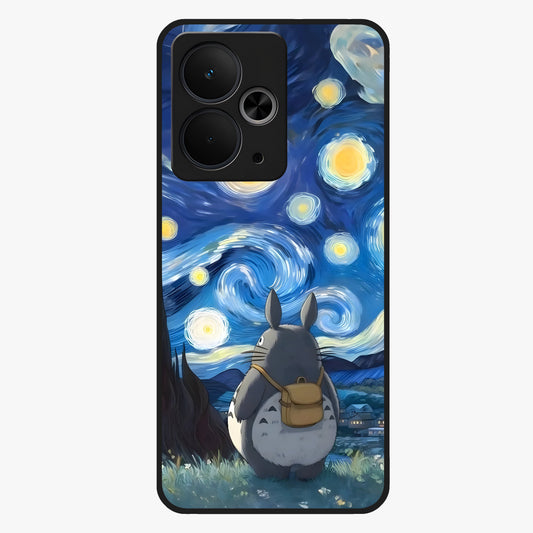 Totoro In Van Gogh Art Glass Case showing flat back view with whimsical character artwork inspired by Van Gogh style and glossy glass finish.