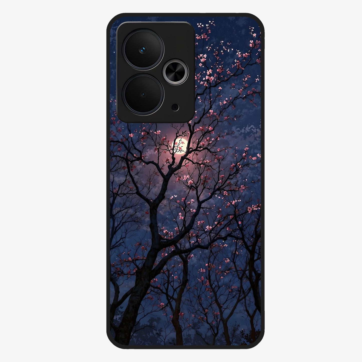 Twilight Sakura Serenade Glass Case showing flat back view with cherry blossom artwork at twilight and glossy glass finish.