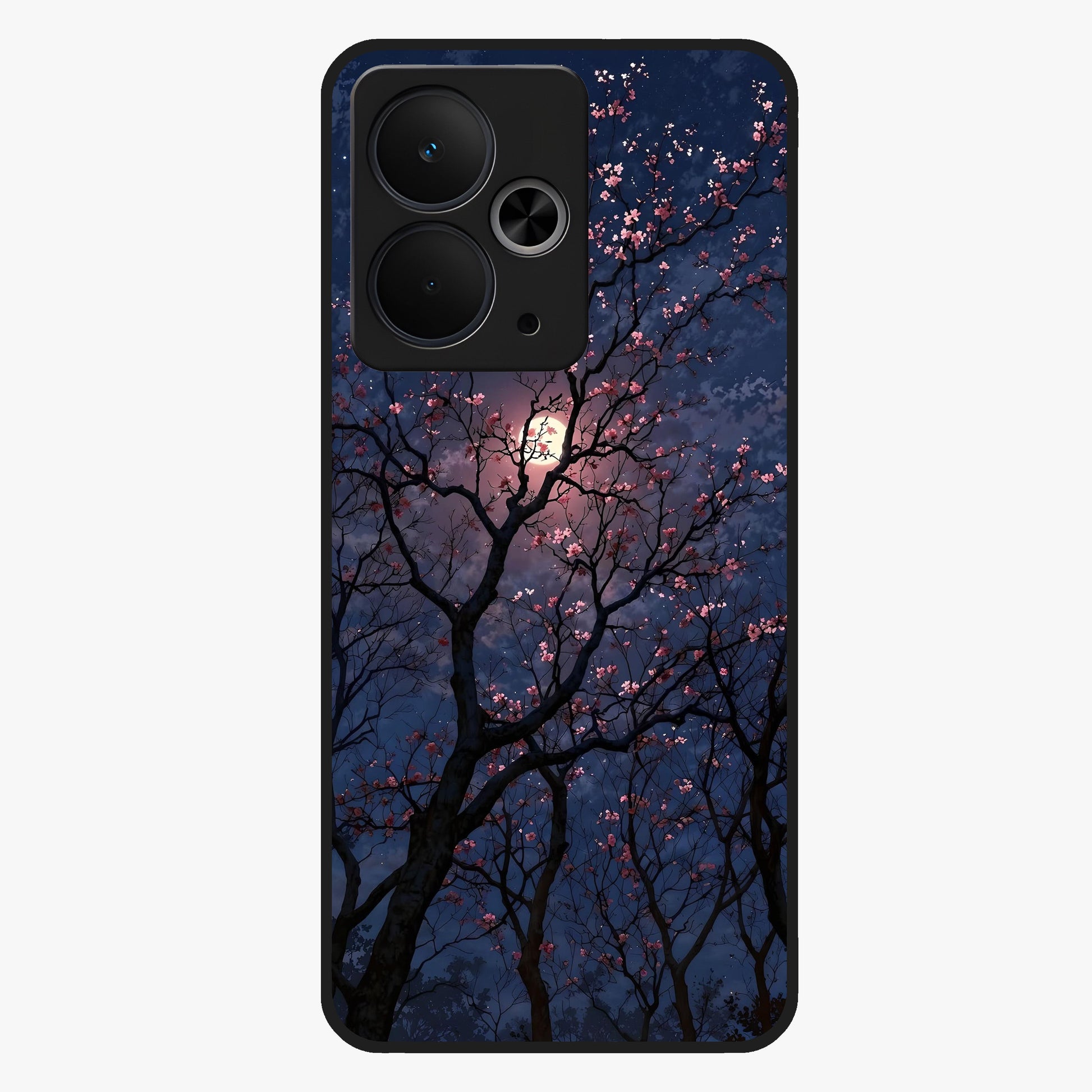 Twilight Sakura Serenade Glass Case showing flat back view with cherry blossom artwork at twilight and glossy glass finish.