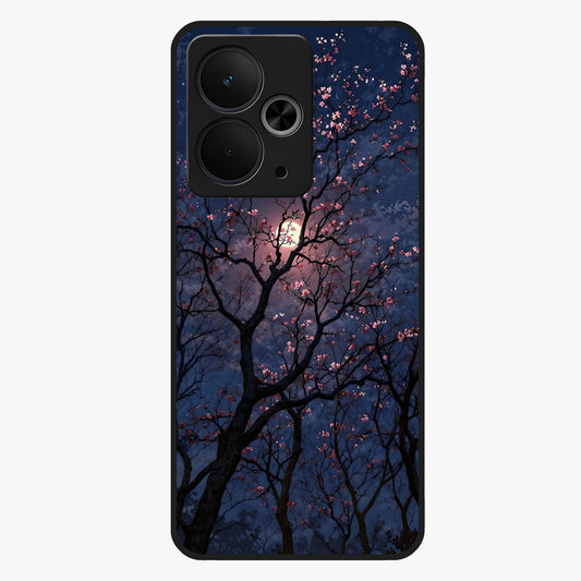 Twilight Sakura Serenade Glass Case showing flat back view with cherry blossom artwork at twilight and glossy glass finish.