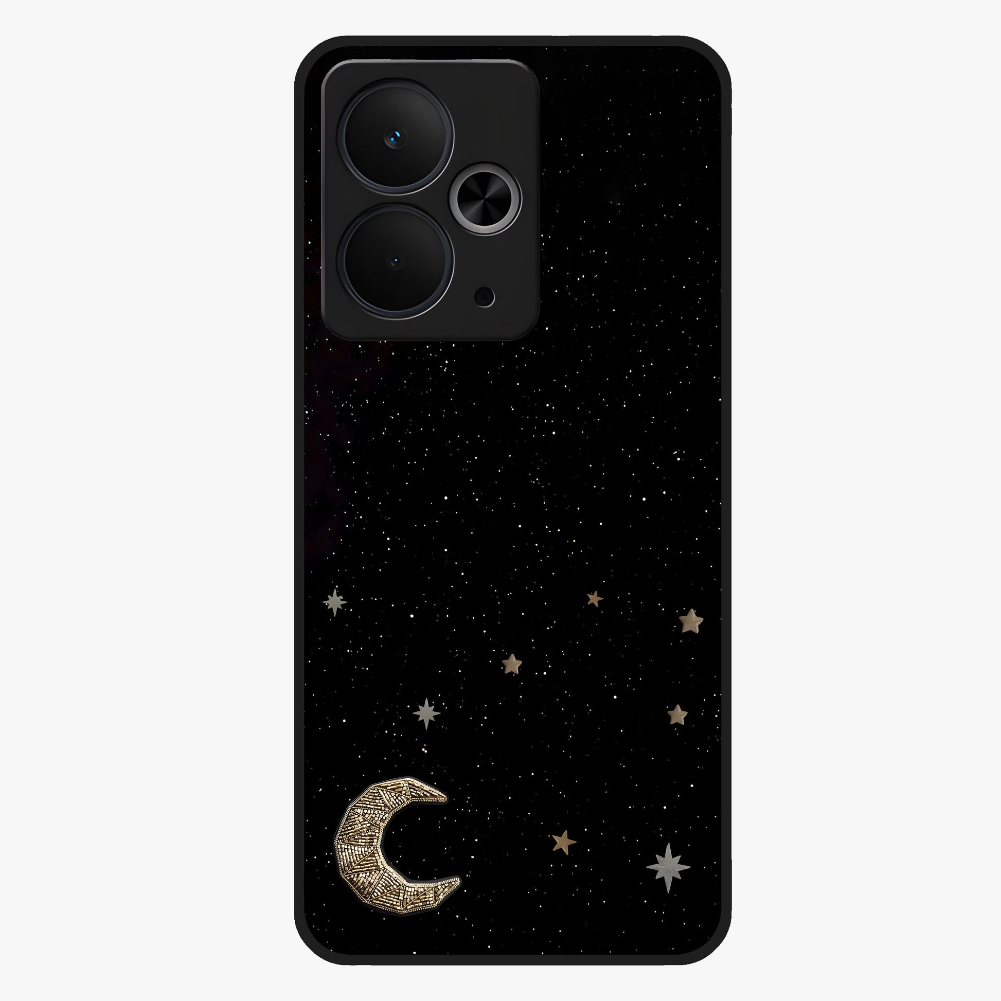 Twinkle Star With Half Moon Glass Case showing flat back view with star and half moon artwork and glossy glass finish.