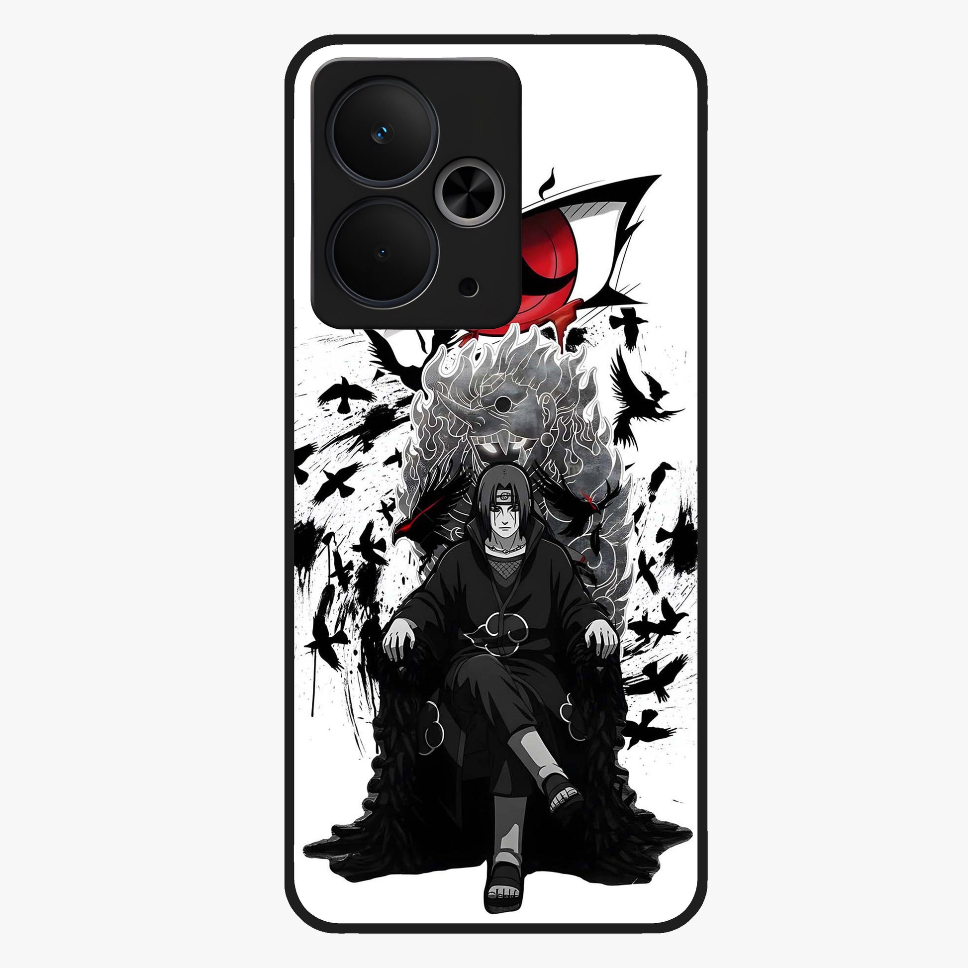 Uchiha Shadow Throne Glass Case showing flat back view with cosmic underwater themed artwork and glossy glass finish.