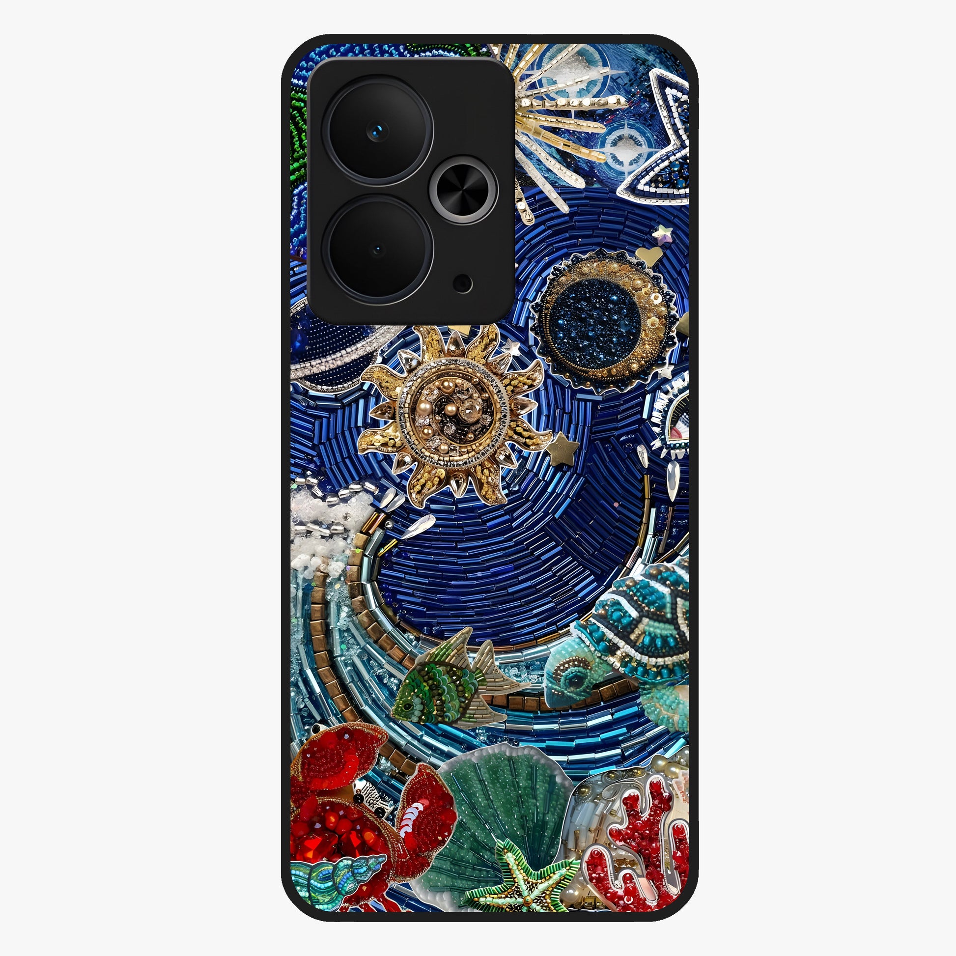Universe Underwater Spark Glass Case showing flat back view with cosmic underwater themed artwork and glossy glass finish.