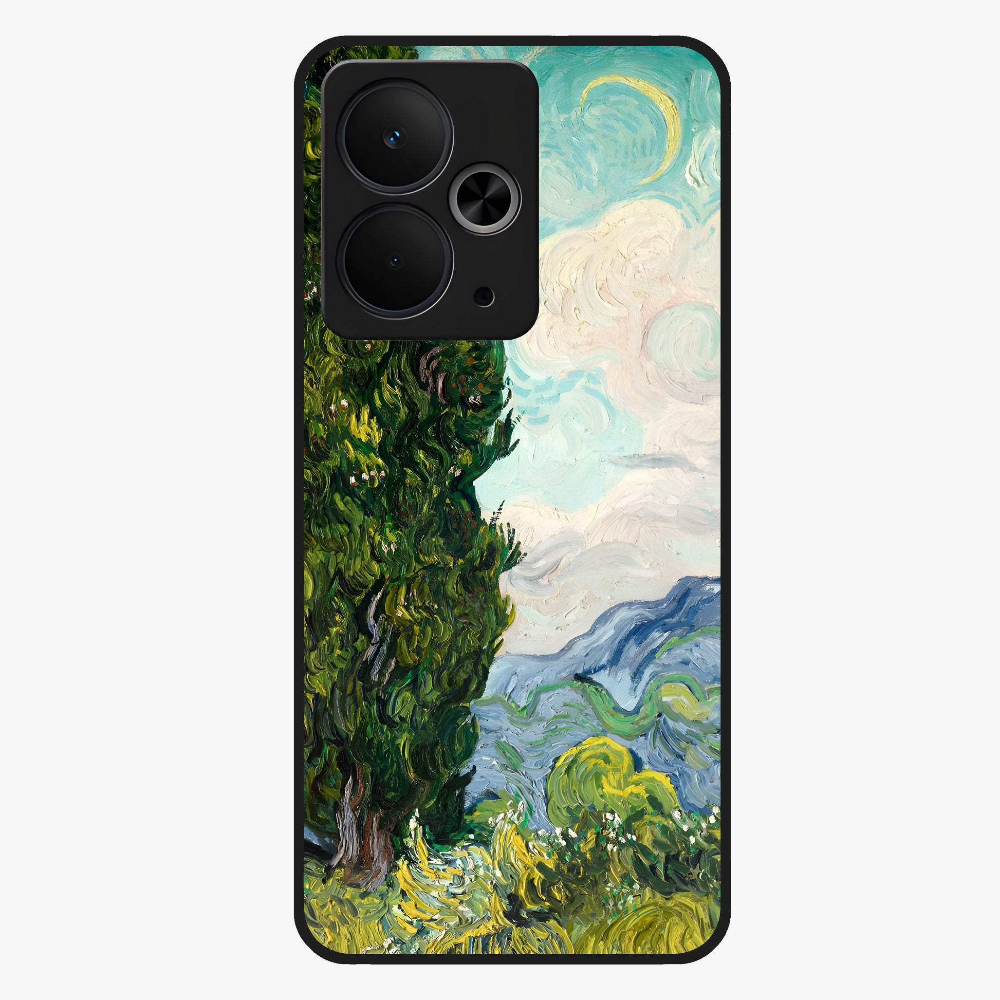 Van Gogh Vintage Art Glass Case showing flat back view with vintage painterly artwork inspired by Van Gogh style and glossy glass finish.