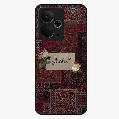 Velvet Wine Pattern Custom Name Glass Case showing flat back view with elegant wine colored pattern artwork and personalized name design.